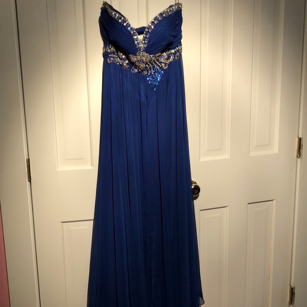 Jazy Couture Blue Embellished Prom Dress
